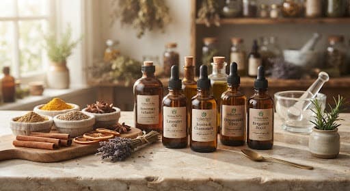 Herbal products, cold-pressed oils and spices arranged on an apothecary table